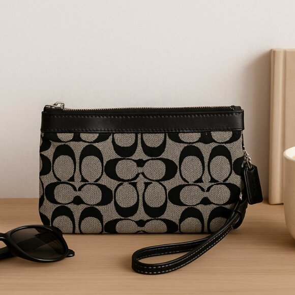 Coach Handbags - Coach Black and Cream Wristlet Clutch